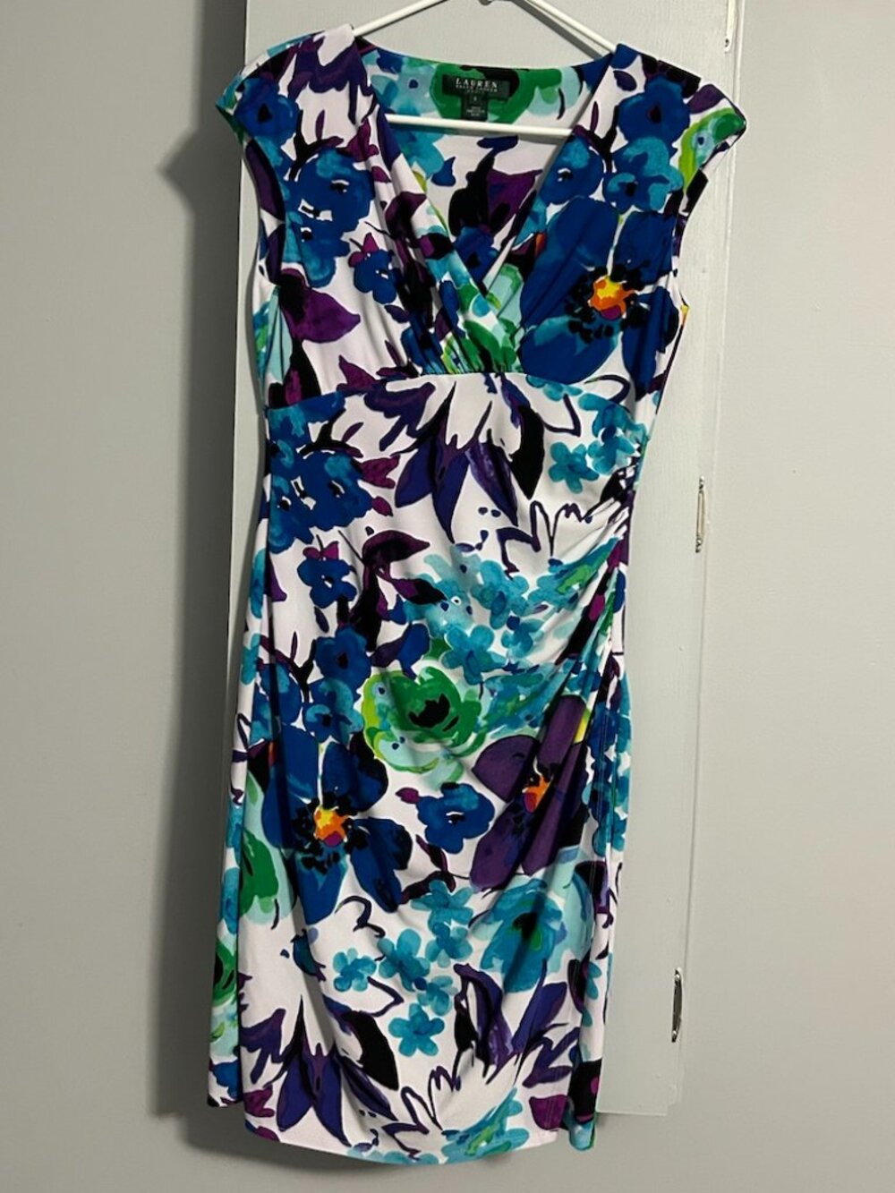 Lauren Ralph Lauren Cap Sleeve Bold Floral Ruched Faux Wrap Dress Women's 6